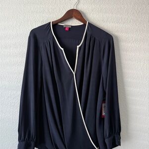 Vince Camuto Blue Wrap Blouse with Mandarin Collar